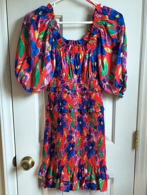 Skies Are Blue Red Floral Puff-Sleeve Smocked Mini Dress